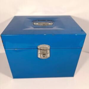 Vintage Metal File Box Bright Blue 12.5” x 7.5” x 8.5”